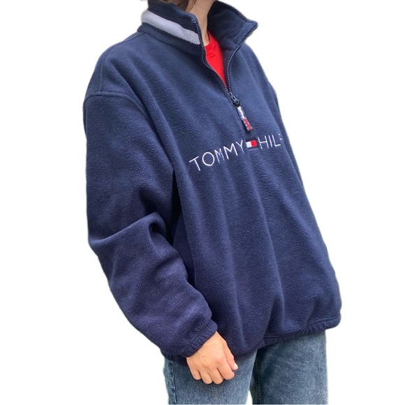 Tommy Hilfiger Sweaters - Y2K TOMMY HILFIGER BLUE FLEECE PULLOVER ZIP SWEATER UNISEX M-L